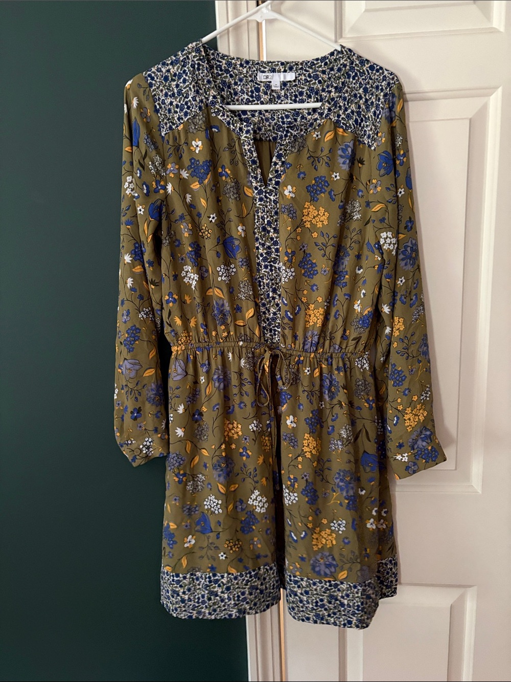 Floral Drawstring Waist Long Sleeve Dress - Olive/Blue